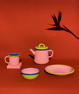 TEA POT - soft pink and chartreuse with electric blue rim
