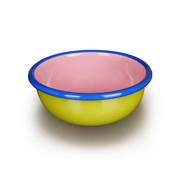 BOWL - chartreuse and soft pink with electric blue rim