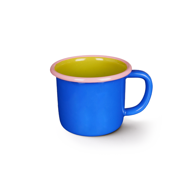 MUG - electric blue and chartreuse with soft pink rim