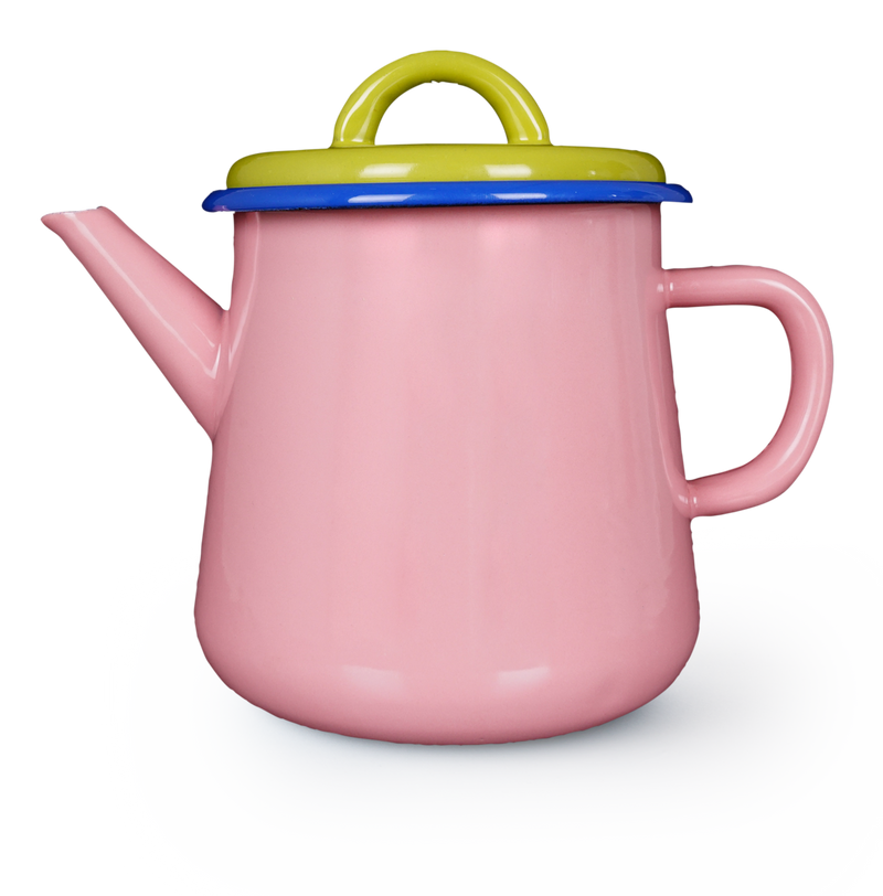TEA POT - soft pink and chartreuse with electric blue rim