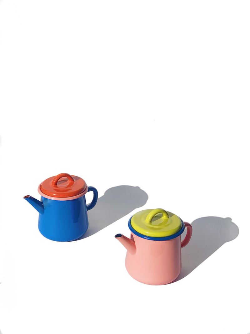 TEA POT - soft pink and chartreuse with electric blue rim